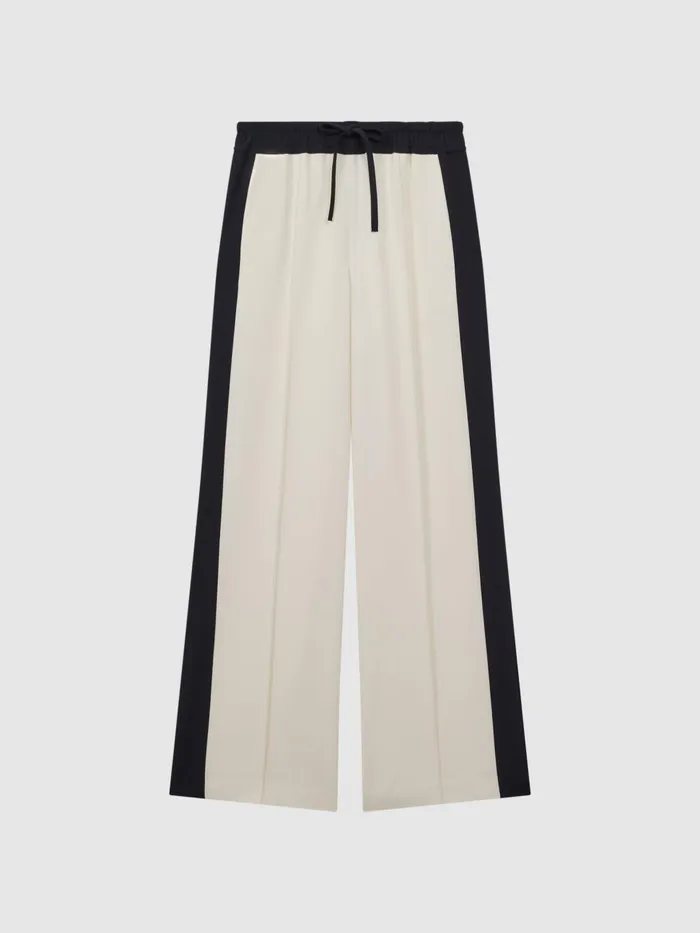 Women Reiss Pants May Wide Wide Leg Contrast Stripe Drawstring Trousers Cream