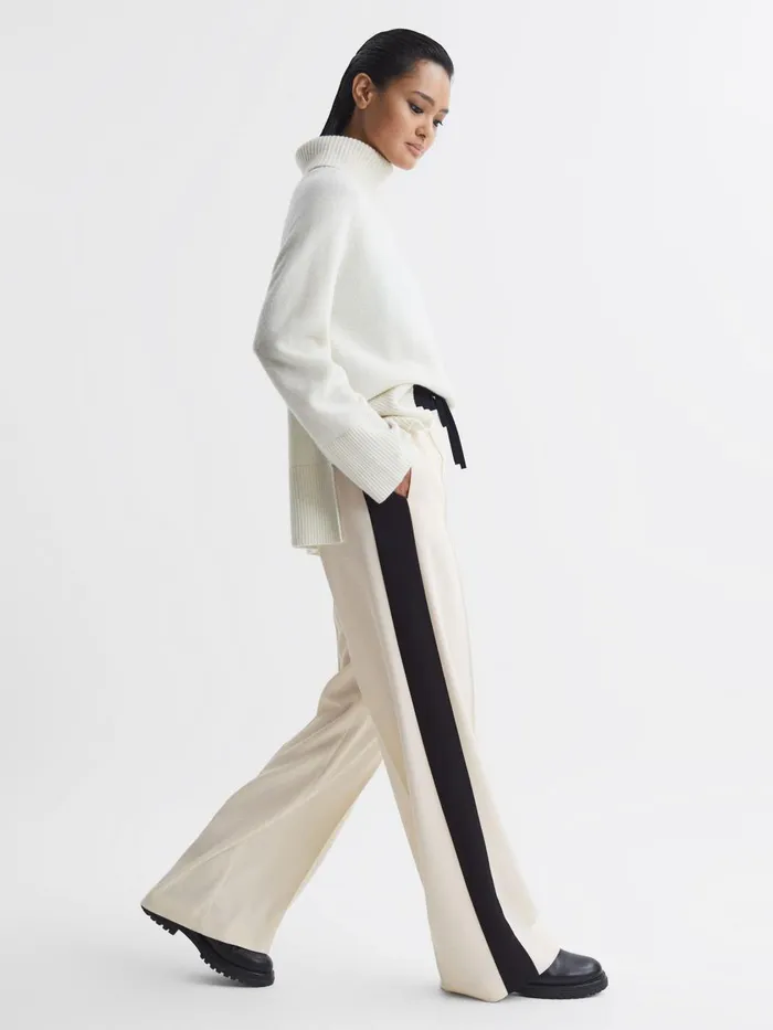 Women Reiss Pants May Wide Wide Leg Contrast Stripe Drawstring Trousers Cream