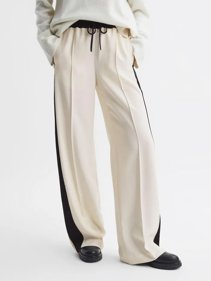 Women Reiss Pants May Wide Wide Leg Contrast Stripe Drawstring Trousers Cream