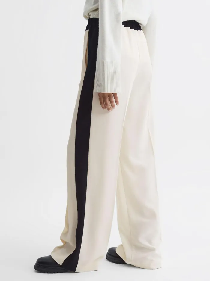 Women Reiss Pants May Wide Wide Leg Contrast Stripe Drawstring Trousers Cream