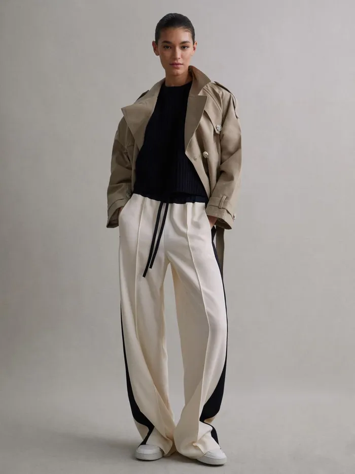 Women Reiss Pants May Wide Wide Leg Contrast Stripe Drawstring Trousers Cream