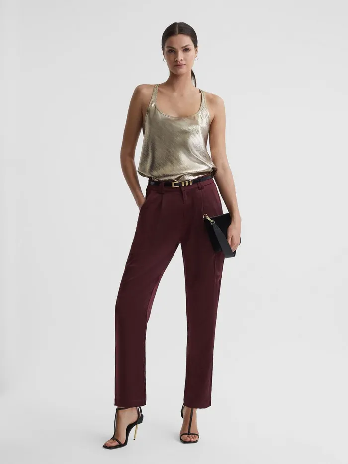 Women Reiss Pants Satin Cargo Trousers Dusty Cherrywood