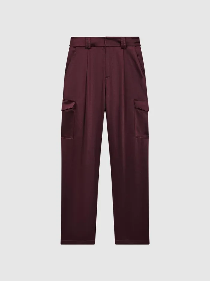 Women Reiss Pants Satin Cargo Trousers Dusty Cherrywood