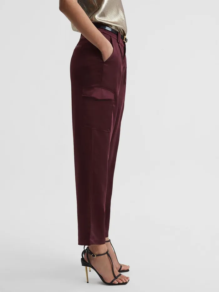 Women Reiss Pants Satin Cargo Trousers Dusty Cherrywood