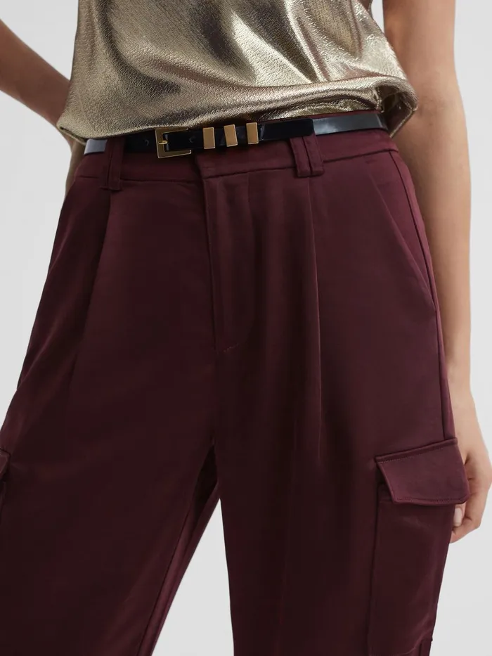 Women Reiss Pants Satin Cargo Trousers Dusty Cherrywood