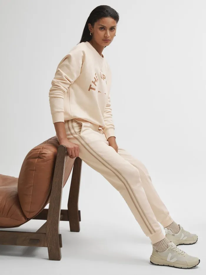 Women Reiss Pants Upside Cotton Side Stripe Joggers Cream