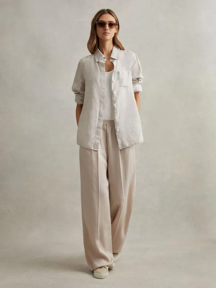 Women Reiss Pants Vera Lyocell Linen Wide Leg Trousers Oatmeal