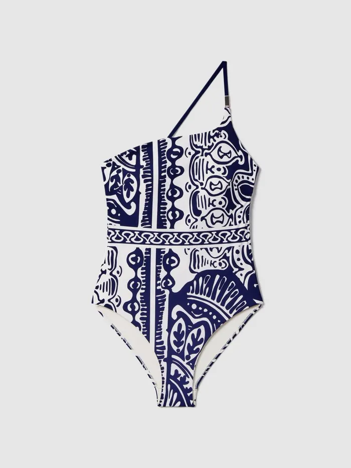 Women Reiss Swimwear Olivia Printed OneShoulder Swimsuit Navywhite