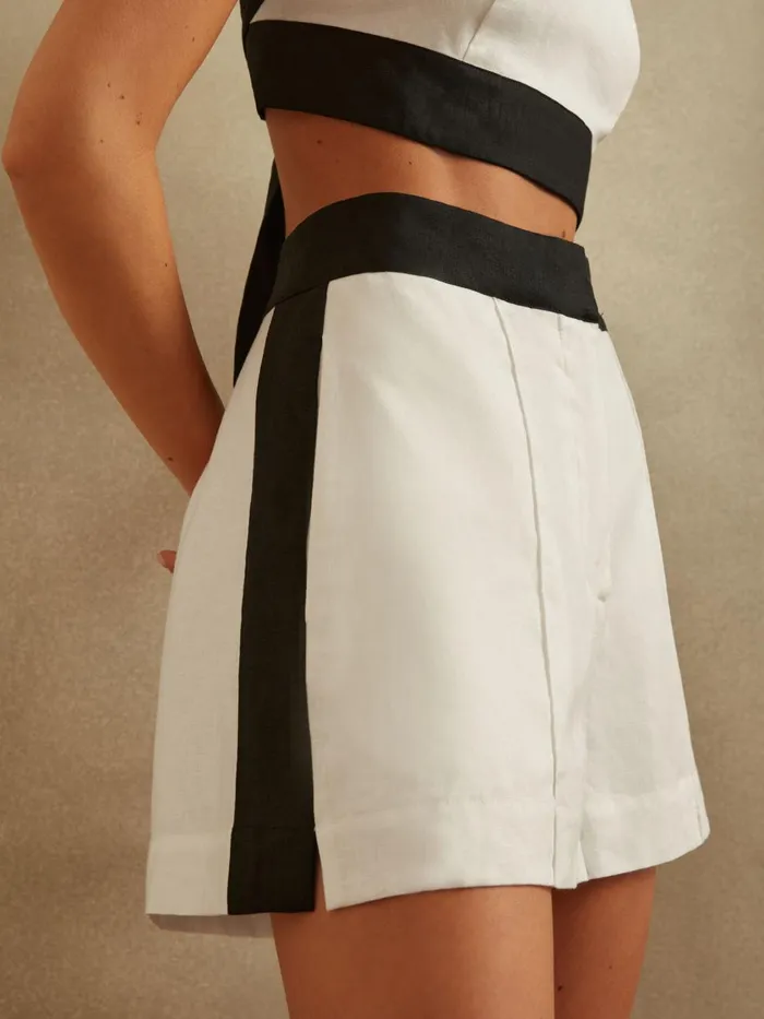 Women Reiss Swimwear Rebecca Linen Colourblock Shorts Whitenavy