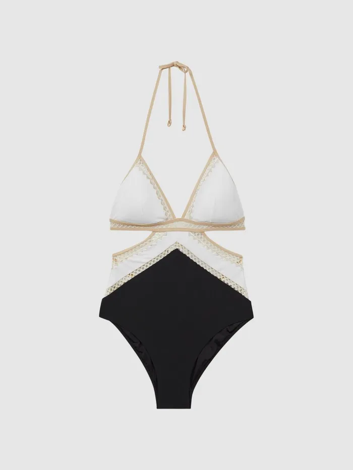 Women Reiss Swimwear Savannah Lattice Halterneck Swimsuit Blackwhite