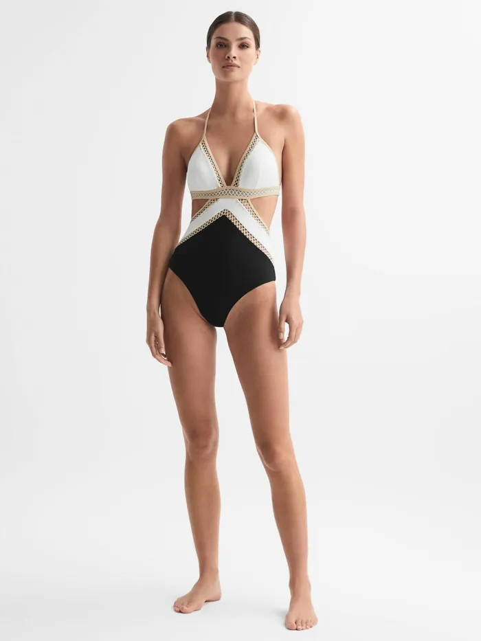 Women Reiss Swimwear Savannah Lattice Halterneck Swimsuit Blackwhite