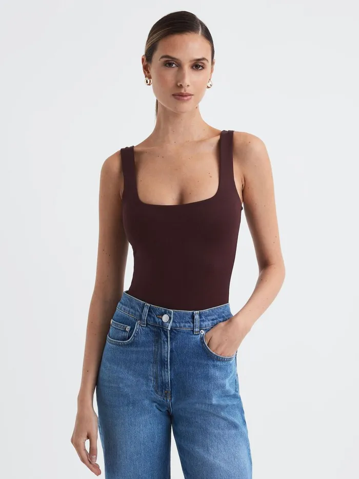 Women Reiss Tops American Square Neck Thong Bodysuit Malbec
