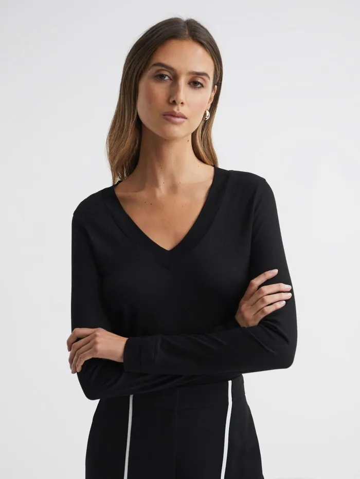 Women Reiss Tops Brady Jersey VNeck Top Black