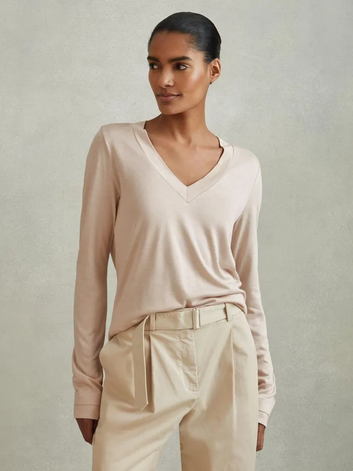 Women Reiss Tops Brady Jersey VNeck Top Stone