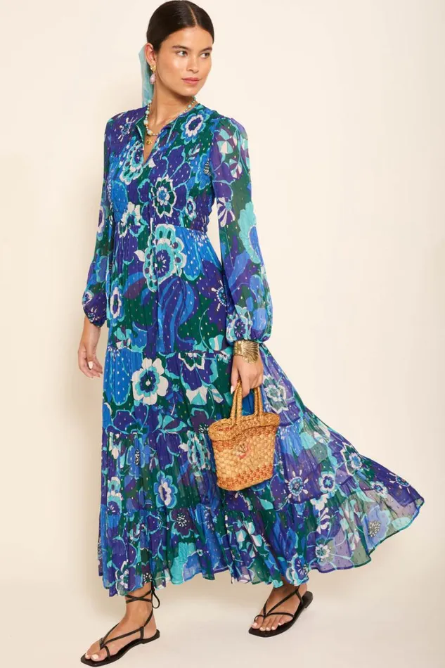 Women RIXO All Clothing Lori Metallic Midi Dress Miami Floral Emerald