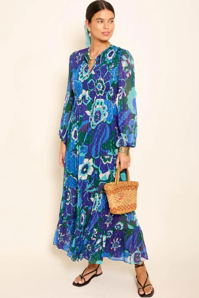 Women RIXO All Clothing Lori Metallic Midi Dress Miami Floral Emerald