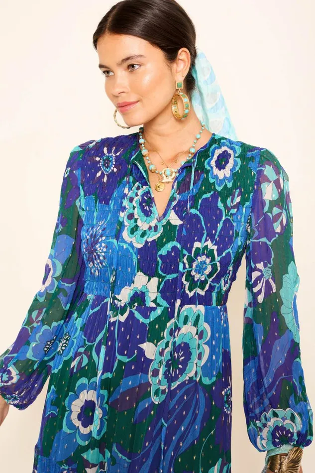 Women RIXO All Clothing Lori Metallic Midi Dress Miami Floral Emerald