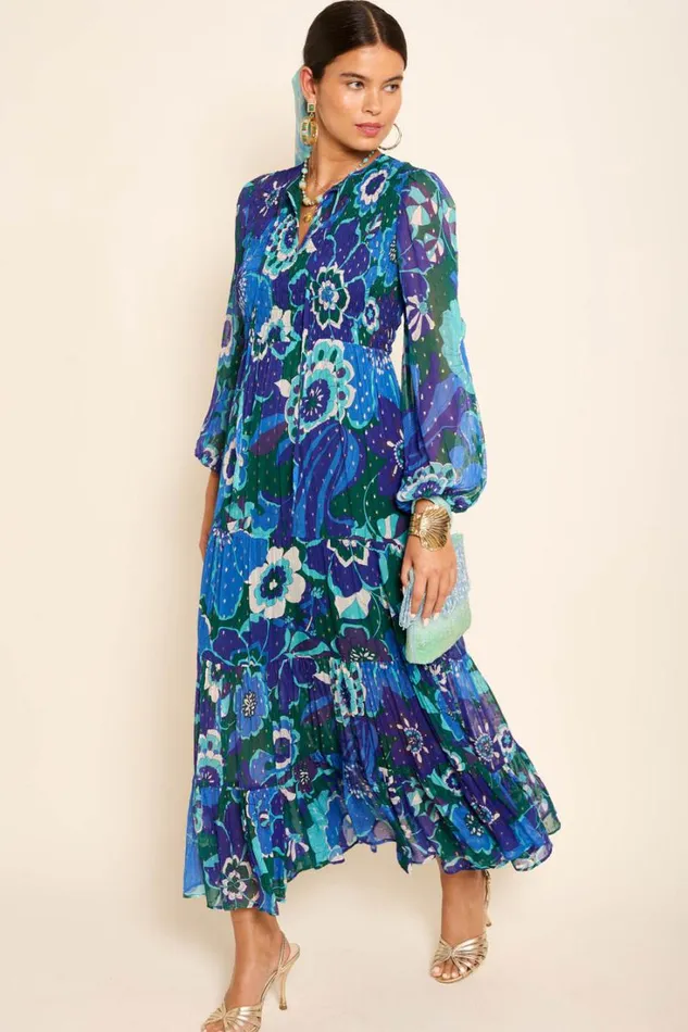 Women RIXO All Clothing Lori Metallic Midi Dress Miami Floral Emerald