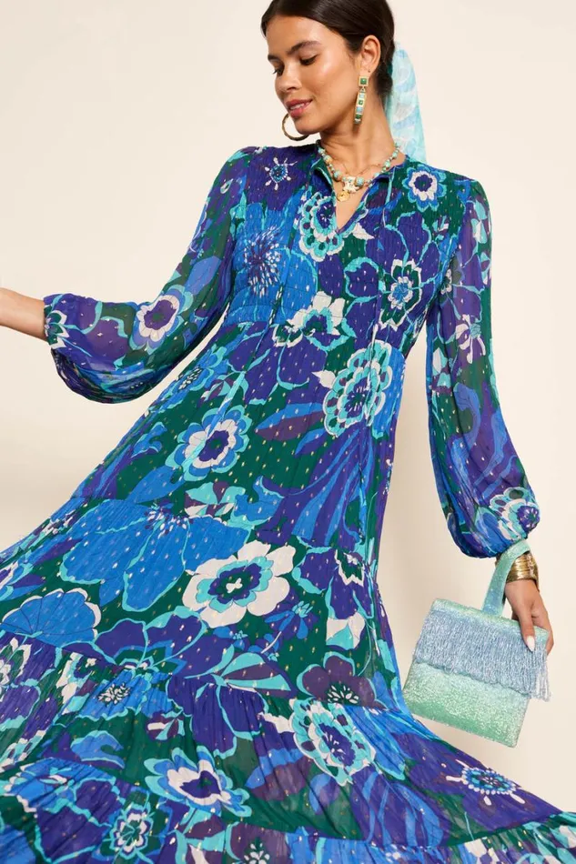Women RIXO All Clothing Lori Metallic Midi Dress Miami Floral Emerald