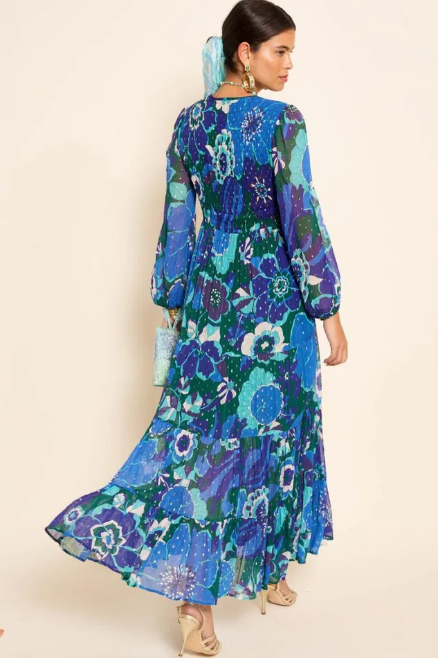 Women RIXO All Clothing Lori Metallic Midi Dress Miami Floral Emerald