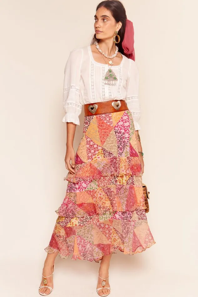 Women RIXO All Clothing Preslee Tiered Midi Skirt Patchwork Blush