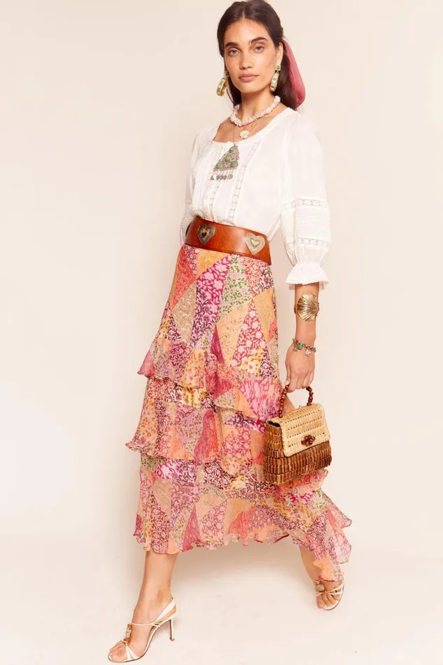 Women RIXO All Clothing Preslee Tiered Midi Skirt Patchwork Blush