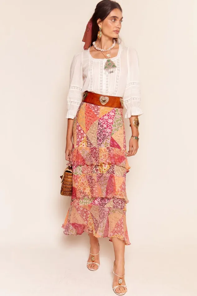 Women RIXO All Clothing Preslee Tiered Midi Skirt Patchwork Blush