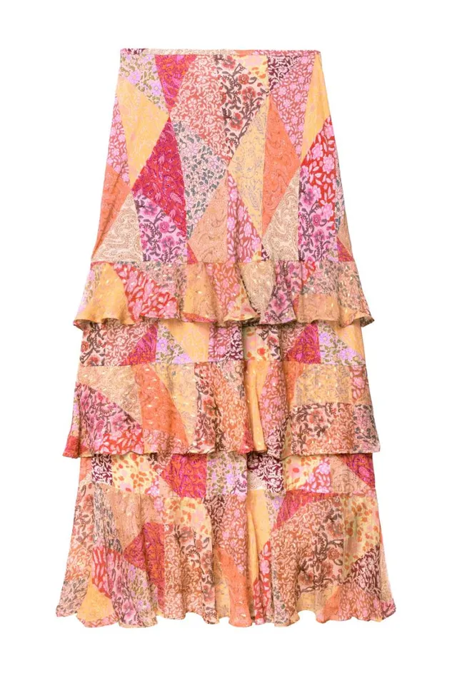 Women RIXO All Clothing Preslee Tiered Midi Skirt Patchwork Blush