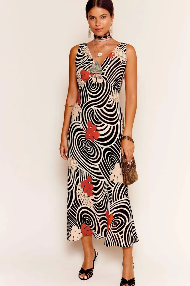 Women RIXO All Clothing Sandrine Midi Dress Swirl Daisy Black