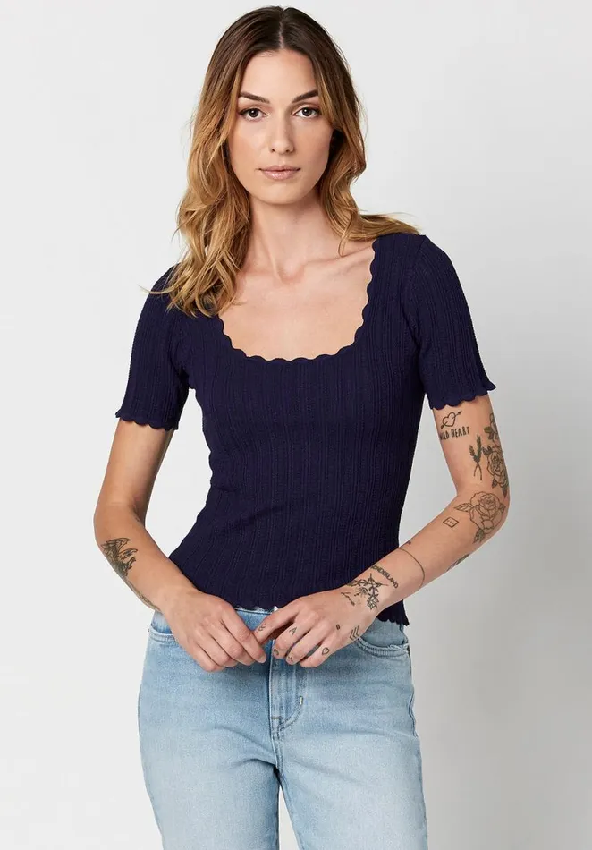 Women Scalloped Sonya Scoopneck Top Bittersweet Buffalo David Bitton Tops and Tees