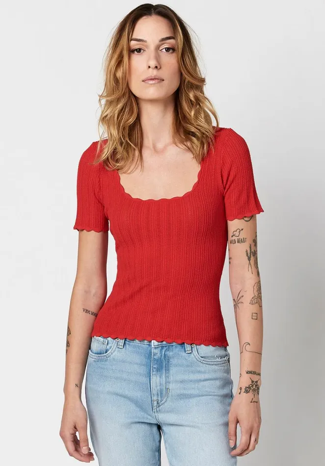 Women Scalloped Sonya Scoopneck Top Bittersweet Buffalo David Bitton Tops and Tees
