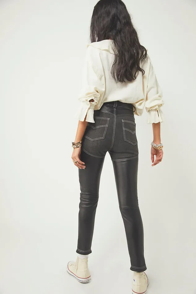 Women Skinny Jeans Free People Understated Leather Chaps Jeans Black