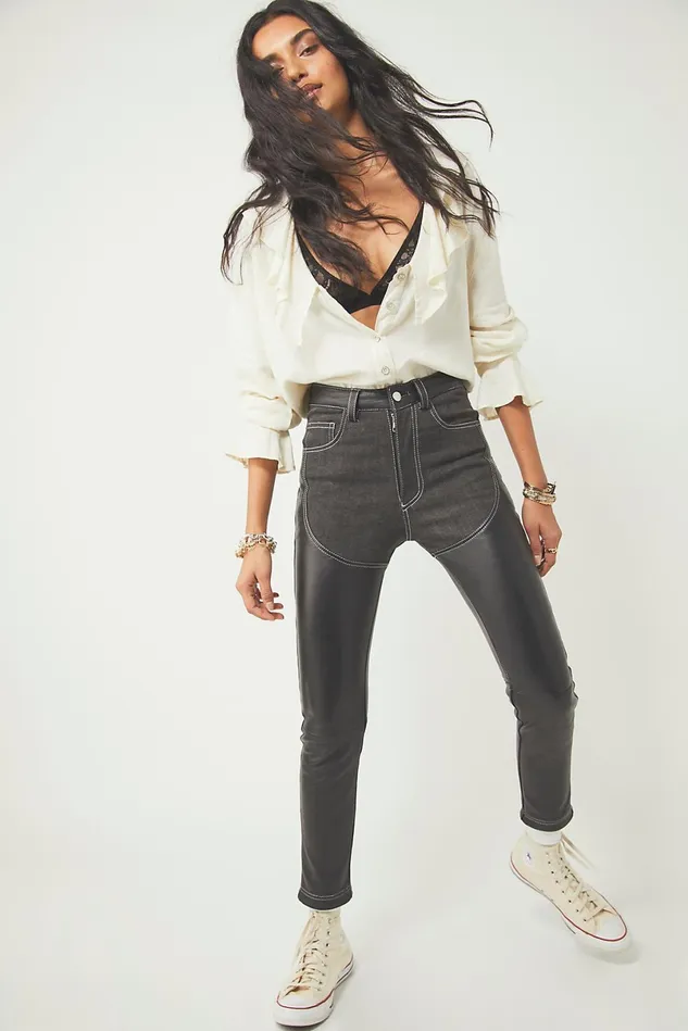 Women Skinny Jeans Free People Understated Leather Chaps Jeans Black