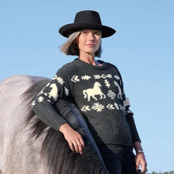 Women Spirited Horse Sweater Petite Charcoal Sundance Catalog Petite Styles