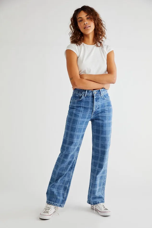 Women Statement Jeans Free People Ragged Dad Jeans Laser Check