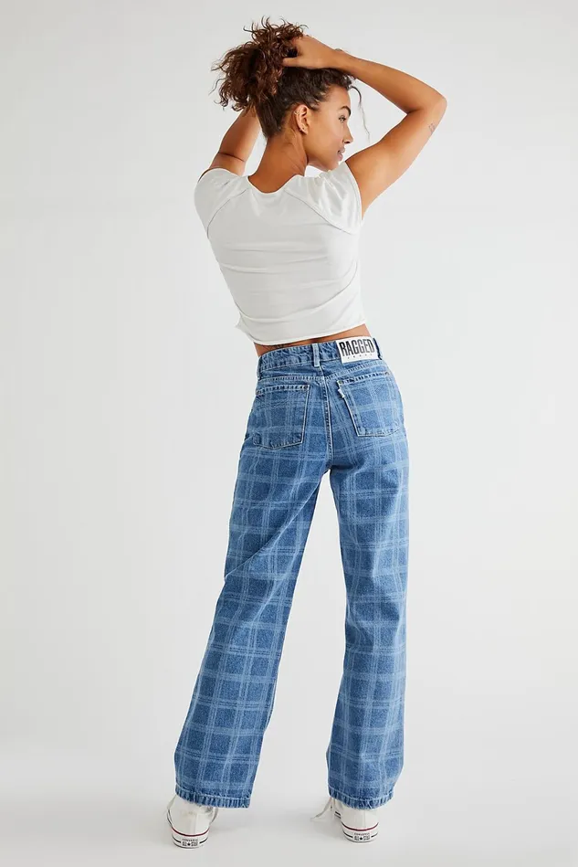 Women Statement Jeans Free People Ragged Dad Jeans Laser Check