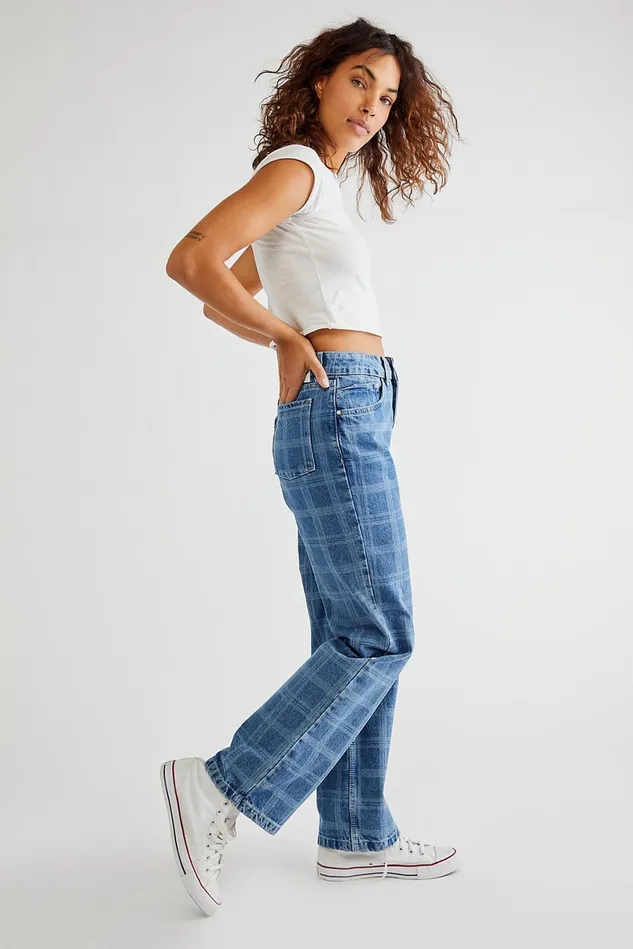Women Statement Jeans Free People Ragged Dad Jeans Laser Check