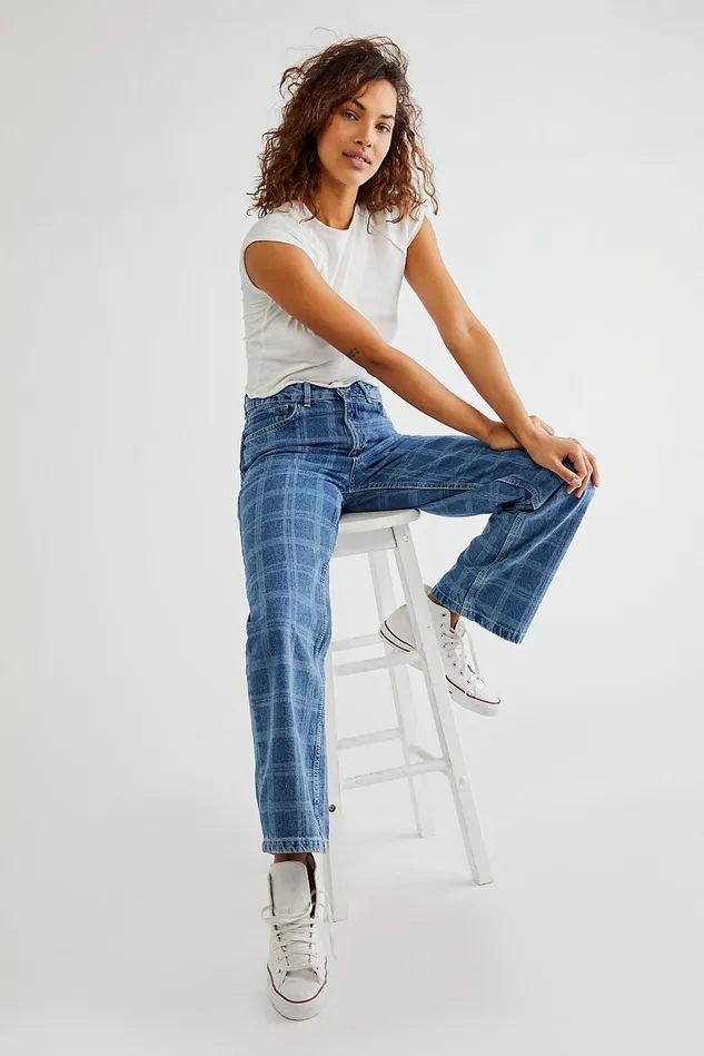 Women Statement Jeans Free People Ragged Dad Jeans Laser Check