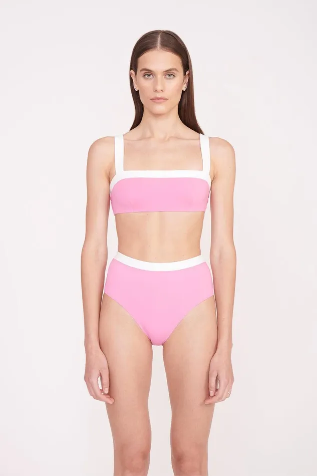 Women STAUD Swim DEVON HIGH RISE BIKINI BOTTOM CORAL PINK WHITE