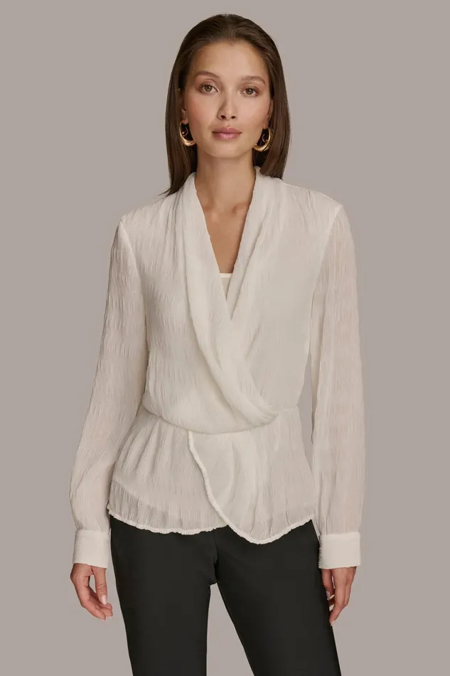 Women Sweaters And Tops Donna Karan RIPPLE FAUX WRAP BLOUSE Ivory