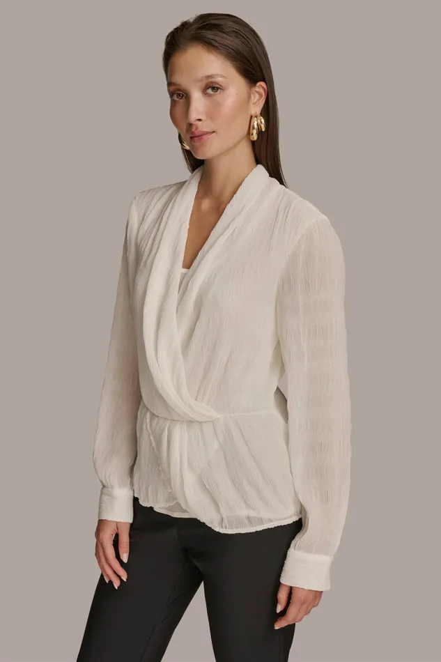 Women Sweaters And Tops Donna Karan RIPPLE FAUX WRAP BLOUSE Ivory