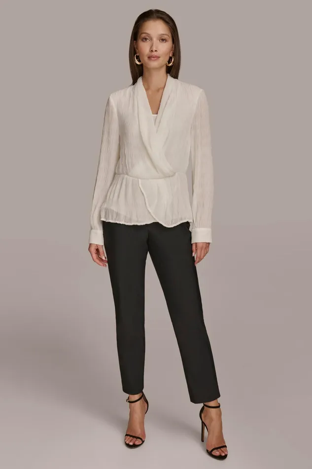 Women Sweaters And Tops Donna Karan RIPPLE FAUX WRAP BLOUSE Ivory