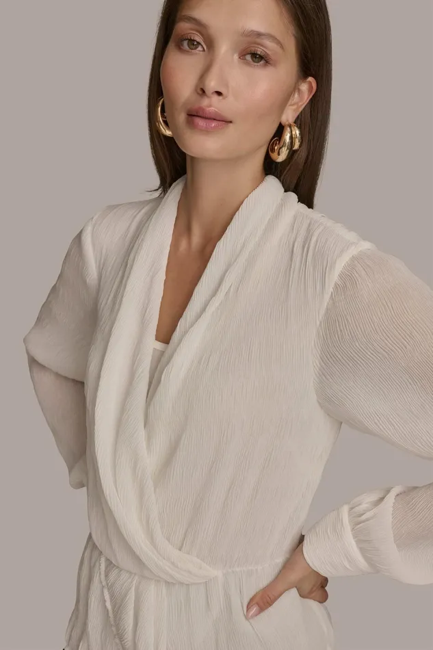 Women Sweaters And Tops Donna Karan RIPPLE FAUX WRAP BLOUSE Ivory