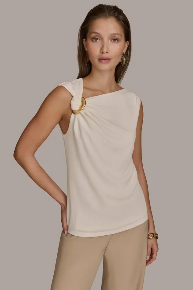 Women Sweaters And Tops Donna Karan SHOULDER TWIST HARDWARE TOP Ivory