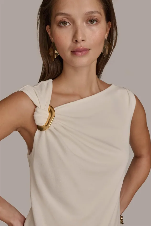 Women Sweaters And Tops Donna Karan SHOULDER TWIST HARDWARE TOP Ivory