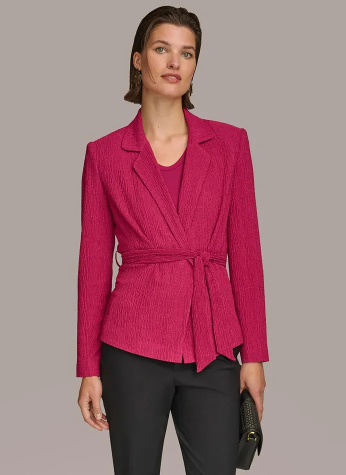 Women Sweaters And Tops Donna Karan TEXTURE BELTED WRAP JACKET Cactus Flower