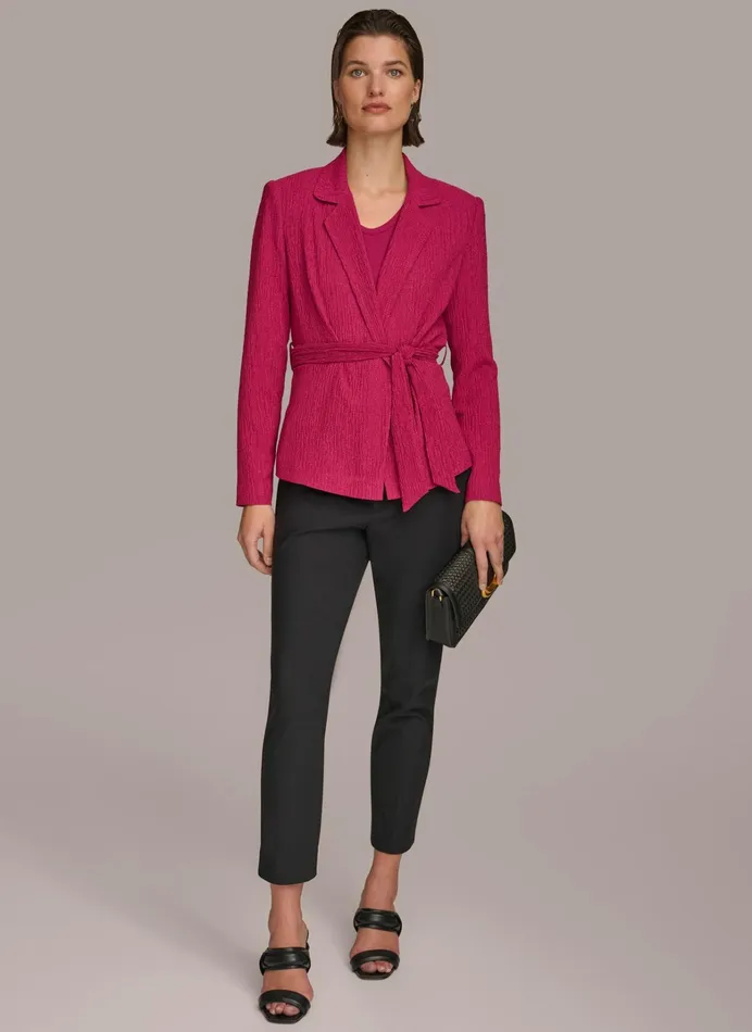 Women Sweaters And Tops Donna Karan TEXTURE BELTED WRAP JACKET Cactus Flower