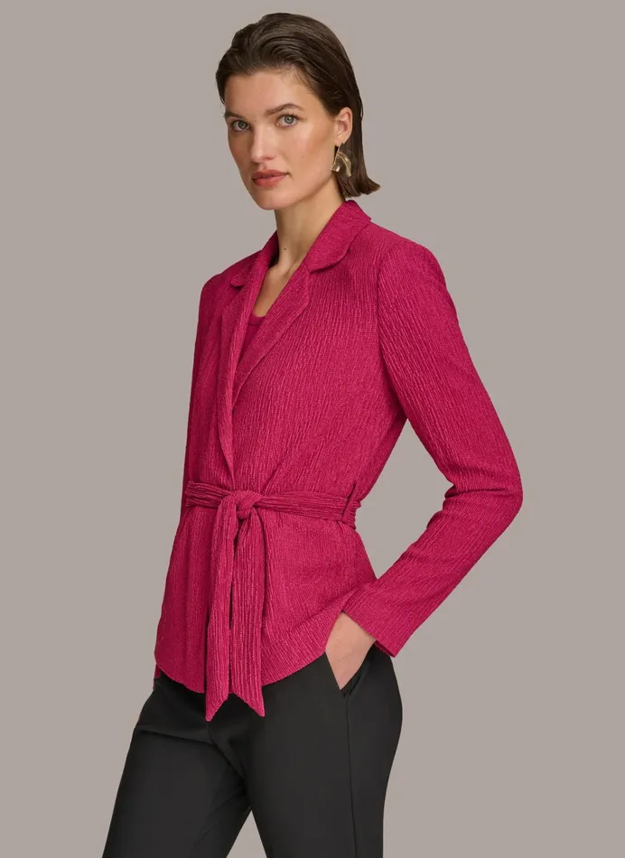 Women Sweaters And Tops Donna Karan TEXTURE BELTED WRAP JACKET Cactus Flower