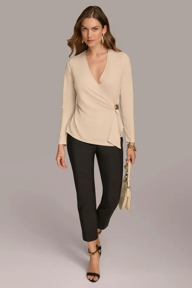 Women Sweaters And Tops Donna Karan V NECK TOP WITH HARDWARE Biscotti