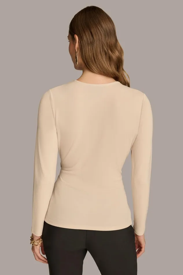 Women Sweaters And Tops Donna Karan V NECK TOP WITH HARDWARE Biscotti